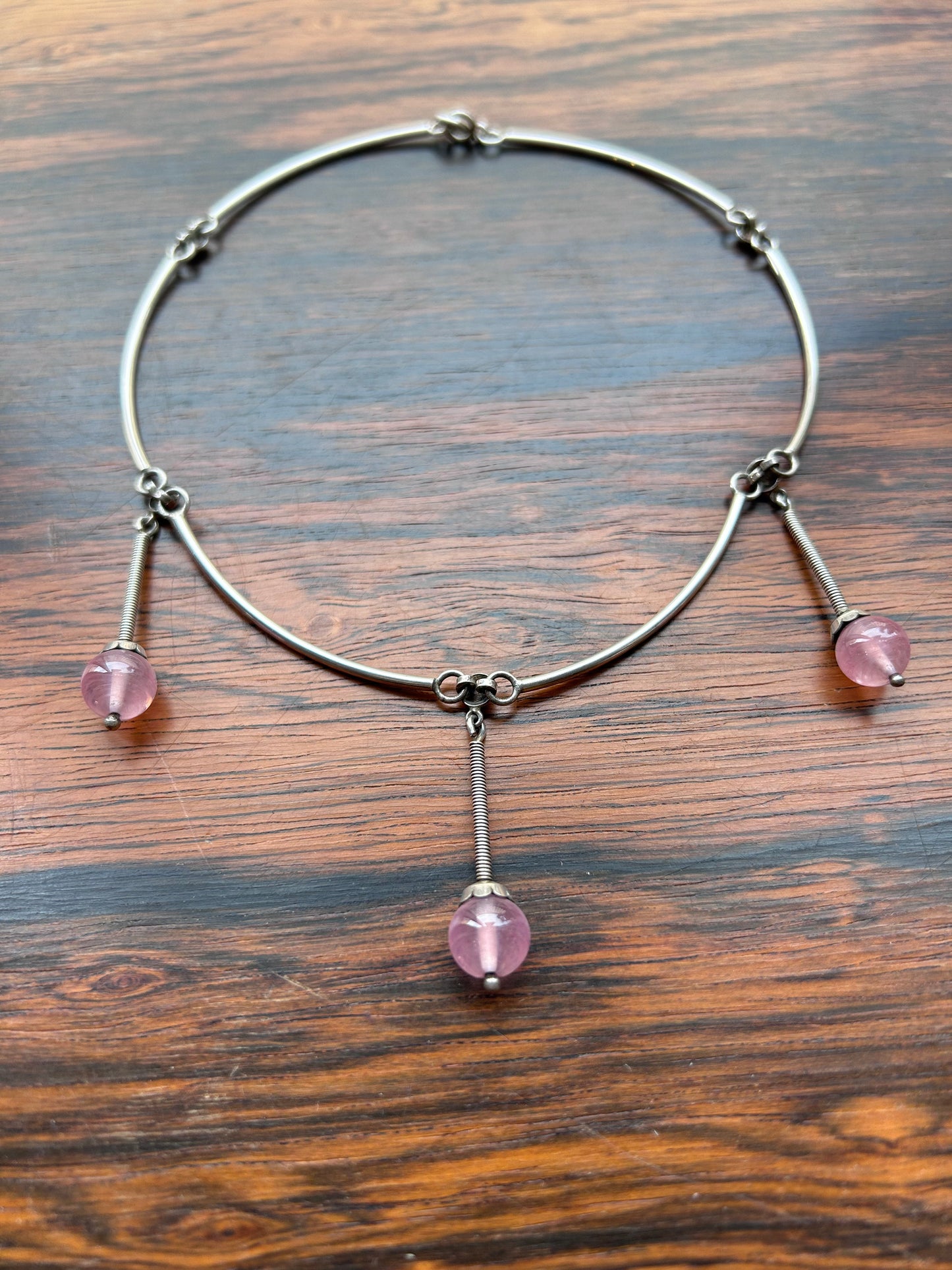 Silver necklace - with rod links and pink glass stones B Hedberg