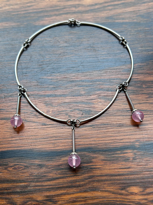 Silver necklace - with rod links and pink glass stones B Hedberg