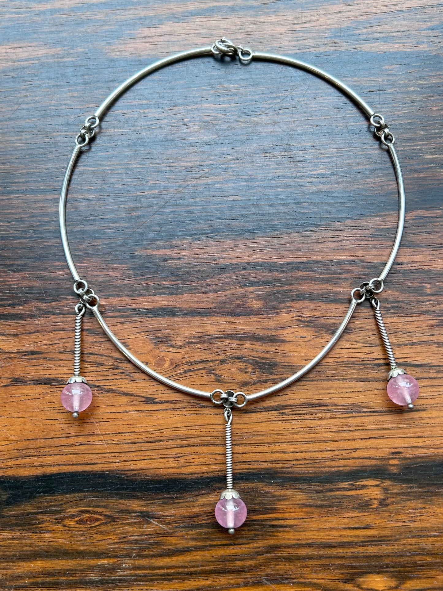 Silver necklace - with rod links and pink glass stones B Hedberg