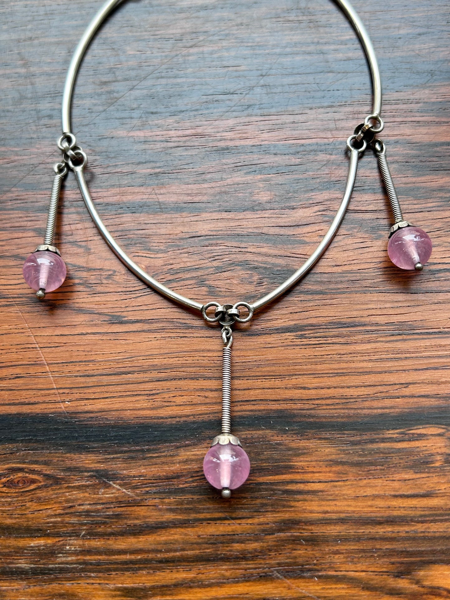 Silver necklace - with rod links and pink glass stones B Hedberg