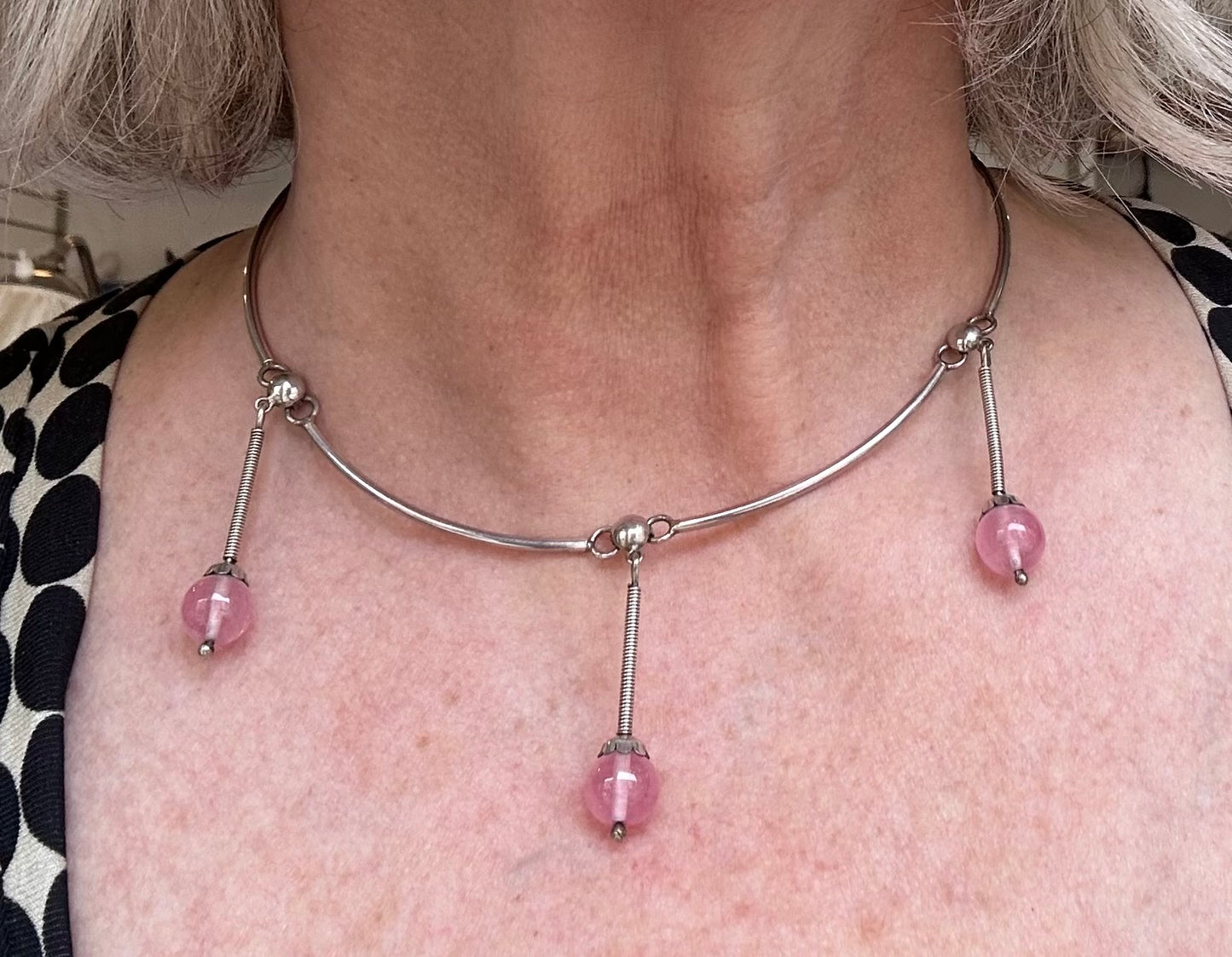 Silver necklace - with rod links and pink glass stones B Hedberg