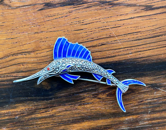 Silver brooch with blue enamel - Swordfish, Uncas  Manufacturing USA