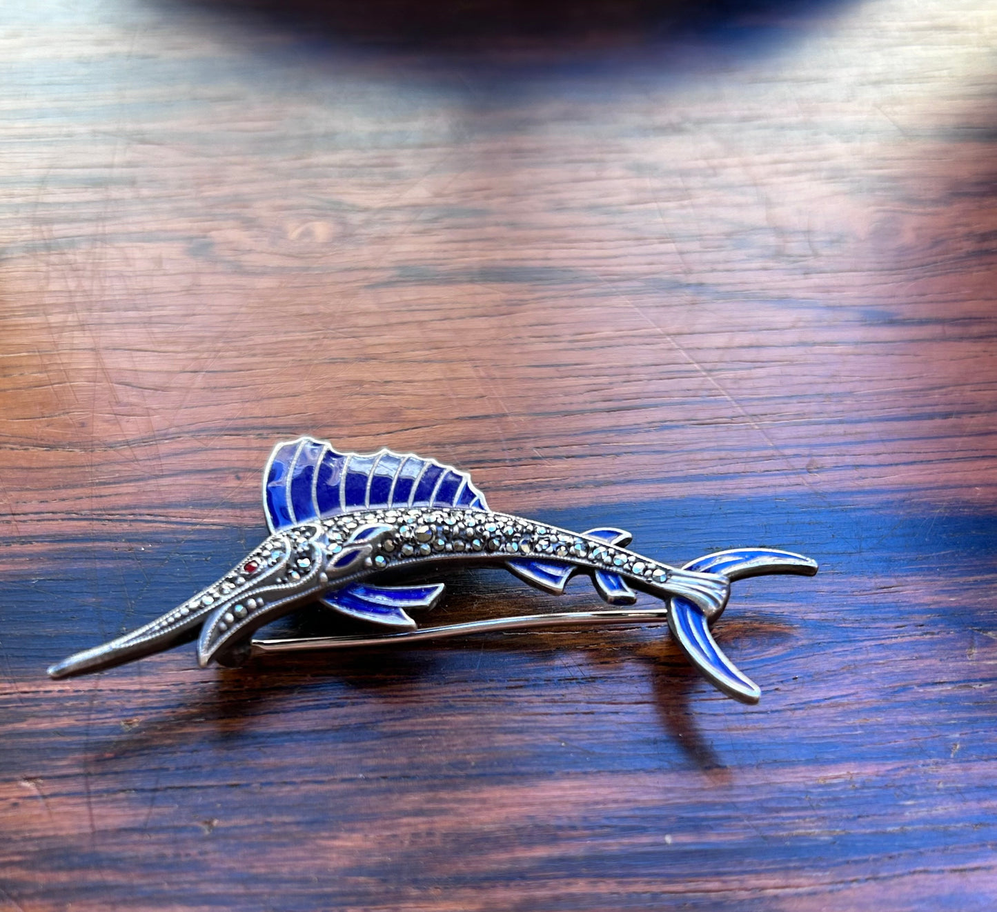 Silver brooch with blue enamel - Swordfish, Uncas  Manufacturing USA